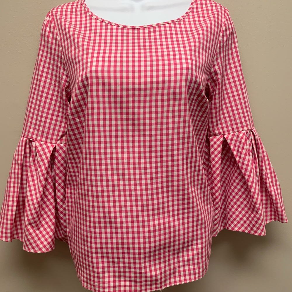 Jane and Delancey Gingham Blouse Bell sleeve pink